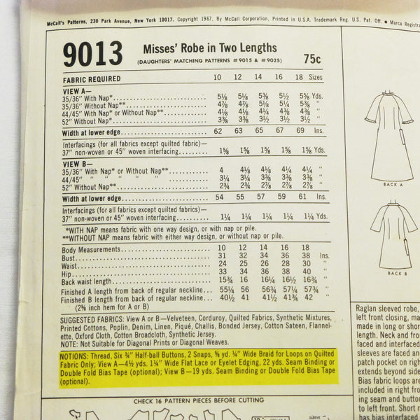 McCalls 9013 1967 Sewing Pattern Misses Robe  Sz S