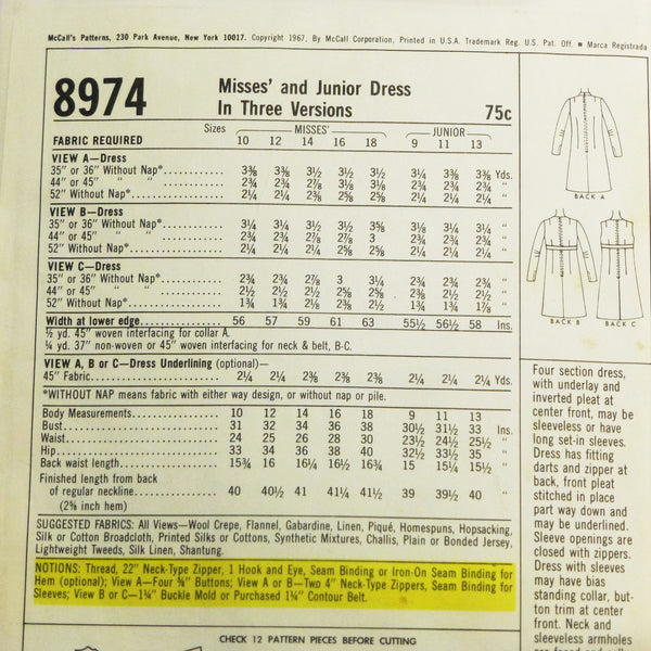 McCalls 8974 1967 Sewing Pattern Misses Dress Sz S