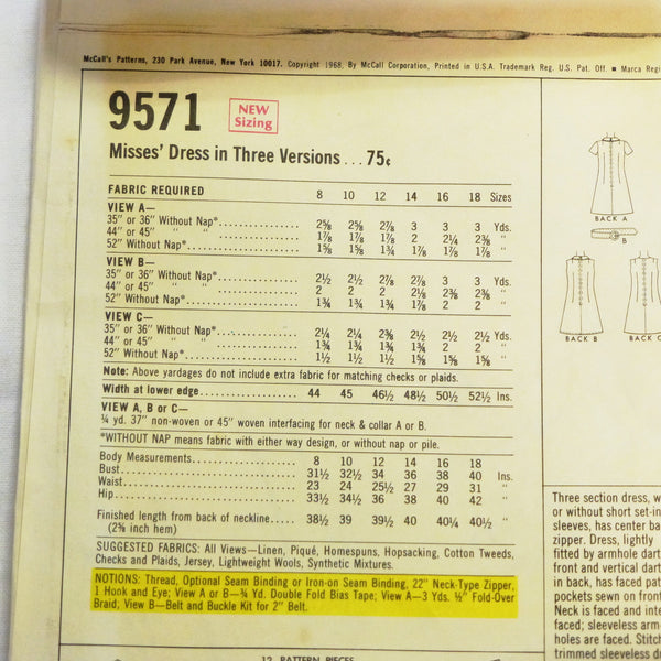 McCalls 9571 1968 Sewing Pattern Misses Dress Sz S