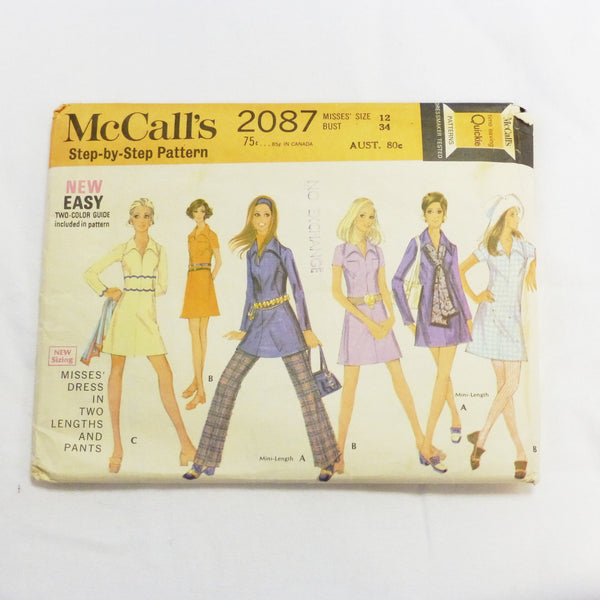 McCalls 2087 1969 Sewing Pattern Misses Dress and Pants  Sz S