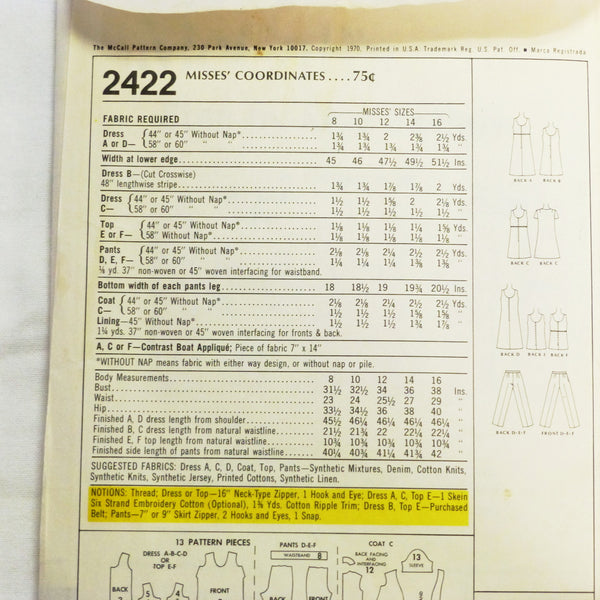 McCalls 2422 1970 Sewing Pattern Misses Coordinates  Sz S