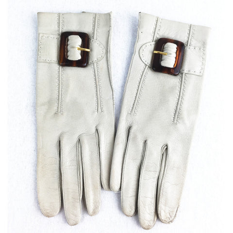 Cream Gloves with Tortoiseshell Coloured Buckle. Sz 6