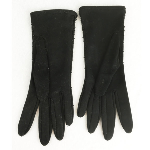 Black Nylon Evening Gloves with Beading. Sz 7