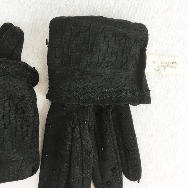 Black Nylon Evening Gloves with Beading. Sz 7